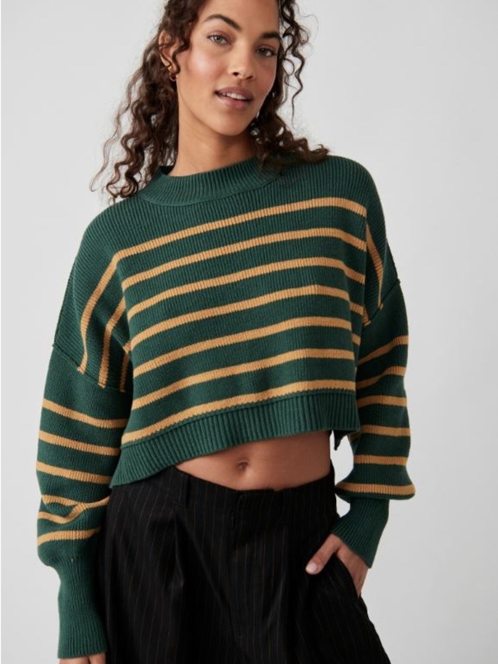 Free People Stripe Easy Street Crop Sweater Hunter Green Combo XL